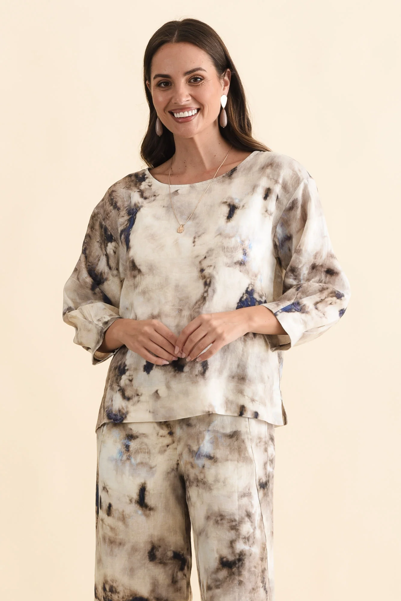 Saloma Taupe Abstract Linen Scoop Neck Top