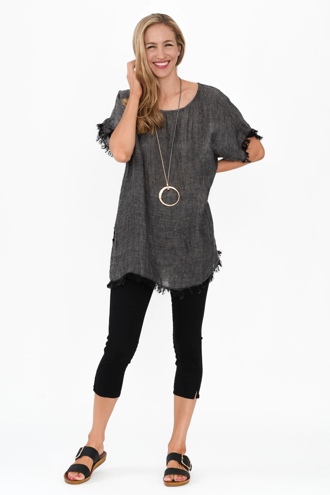 Sancia Charcoal Linen Frayed Top - Image 6