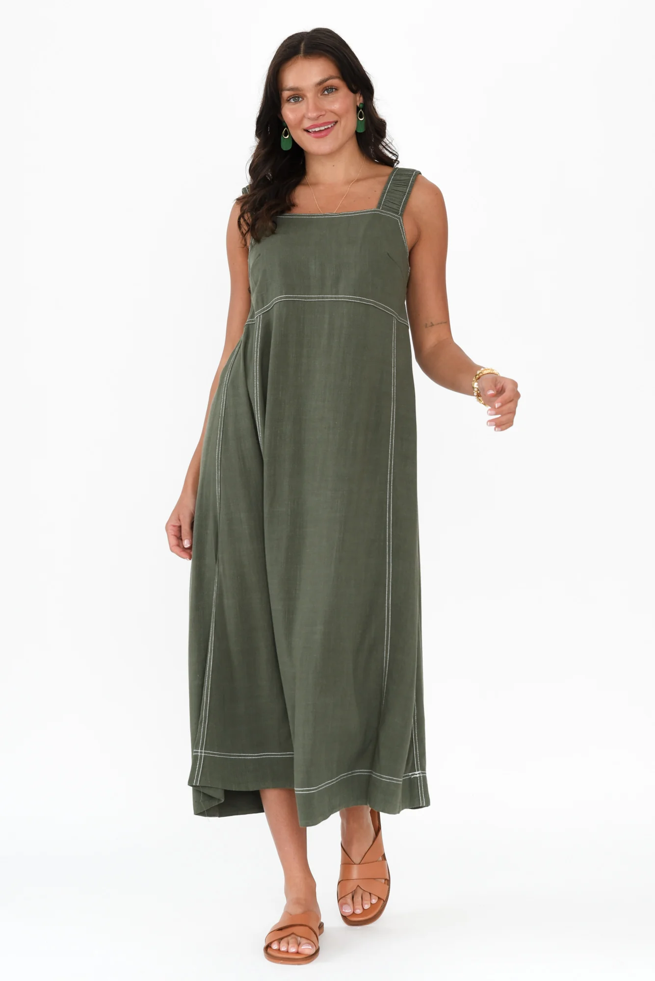 Saylor Khaki Contrast Linen Blend Dress - Image 2