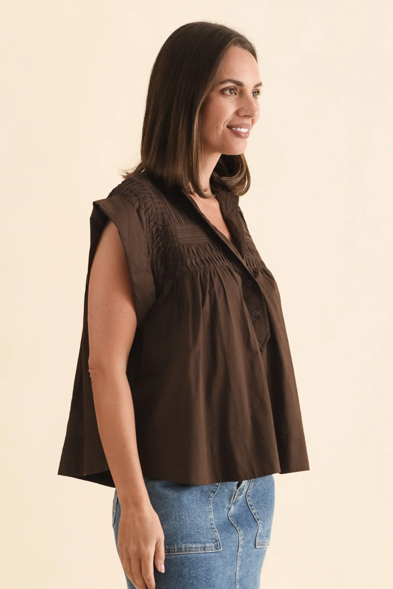 Sharlie Chocolate Cotton Button Top - Image 3