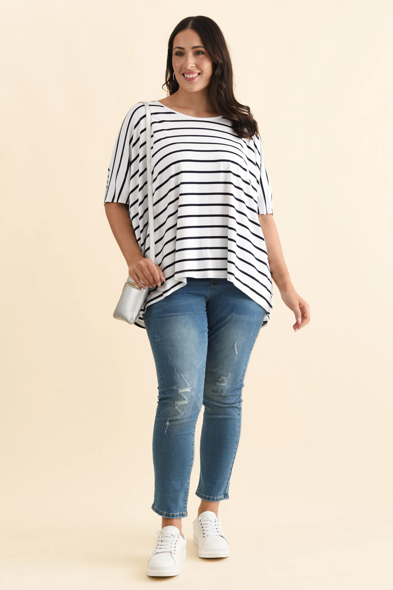 Sorronda White Stripe Bamboo Batwing Top - Image 10