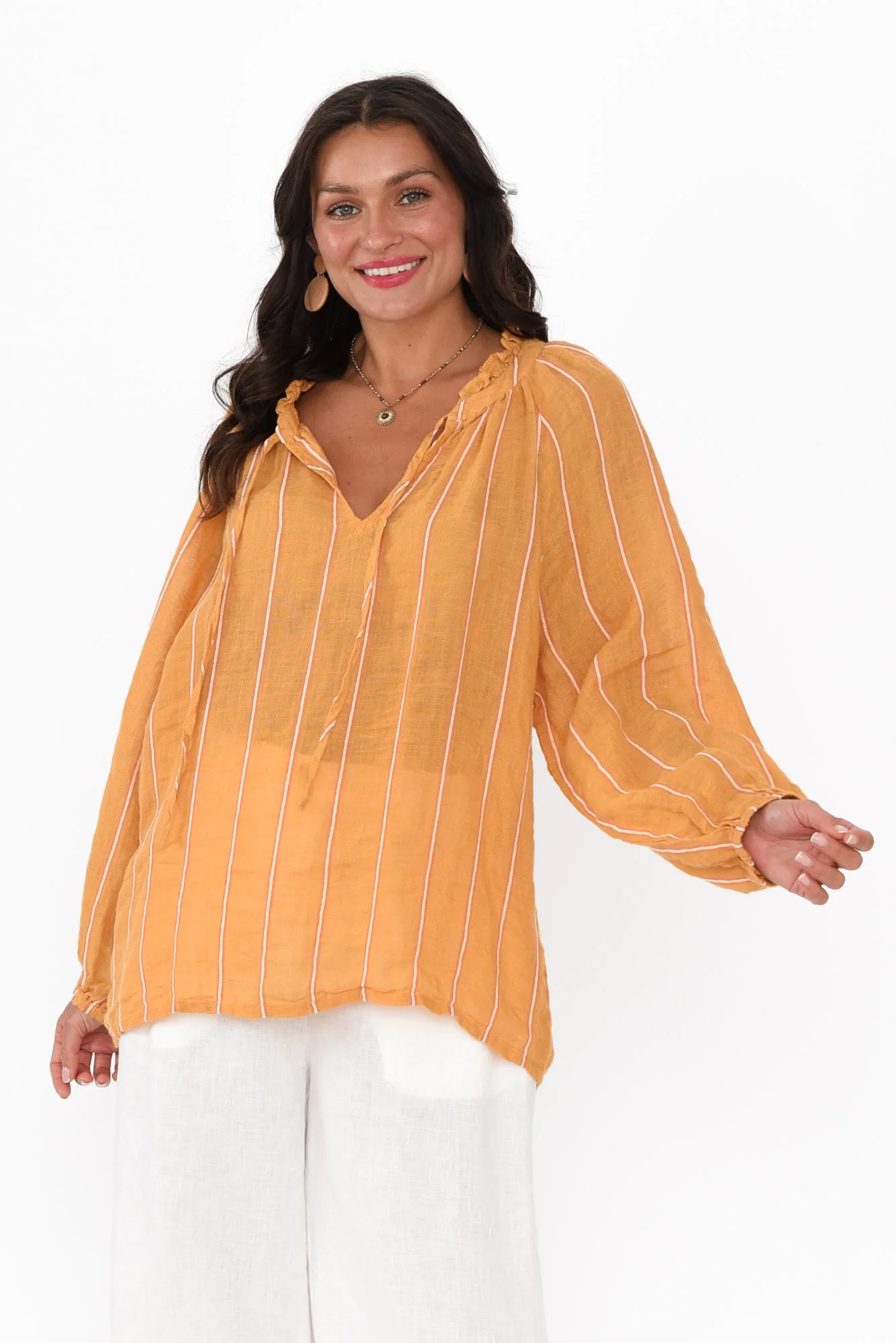 Sussana Mustard Stripe Linen Tie Top - Image 2
