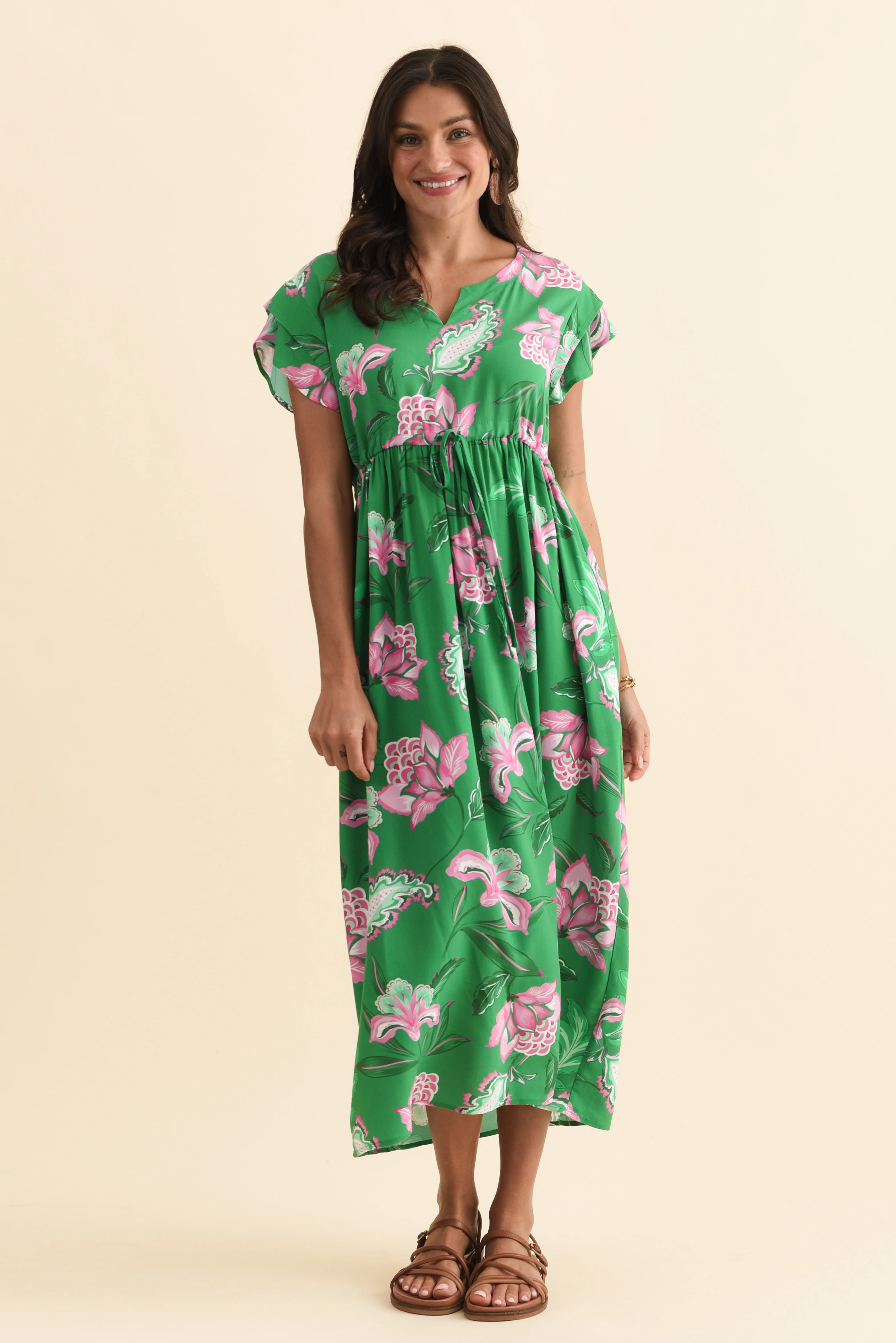Suzette Green Flower Midi Dress