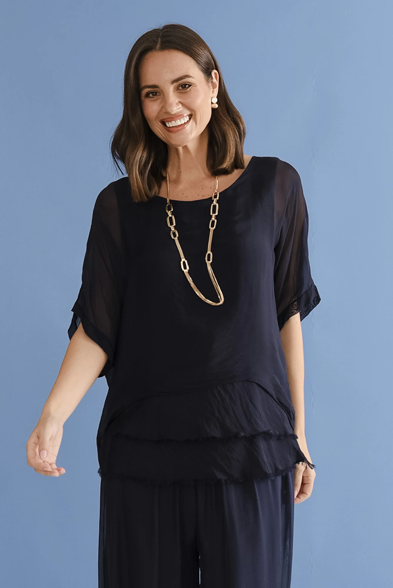 Talia Navy Silk Layer Top - Image 12