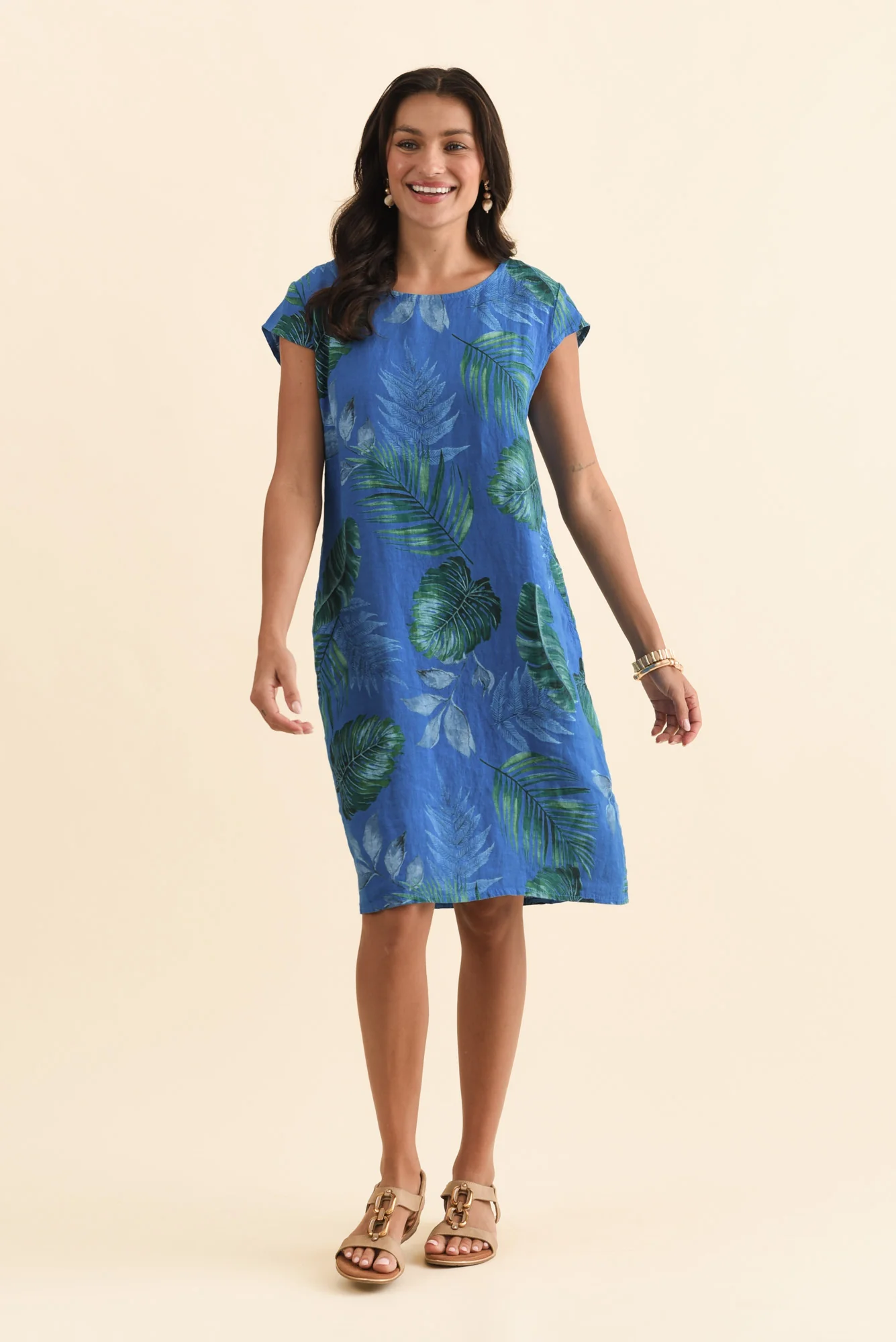 Tina Cobalt Palm Linen Pocket Dress - Image 2