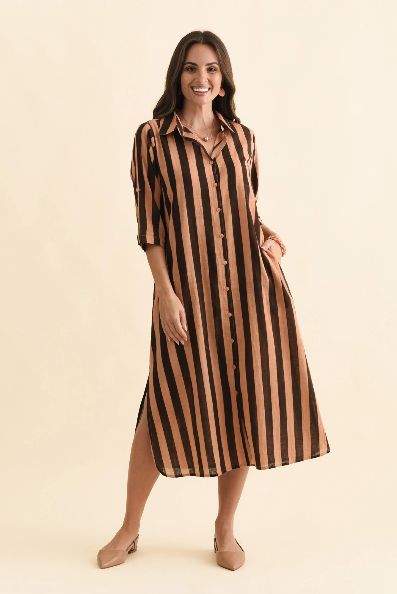 Tricia Chocolate Stripe Cotton Shirt Dress - Image 2