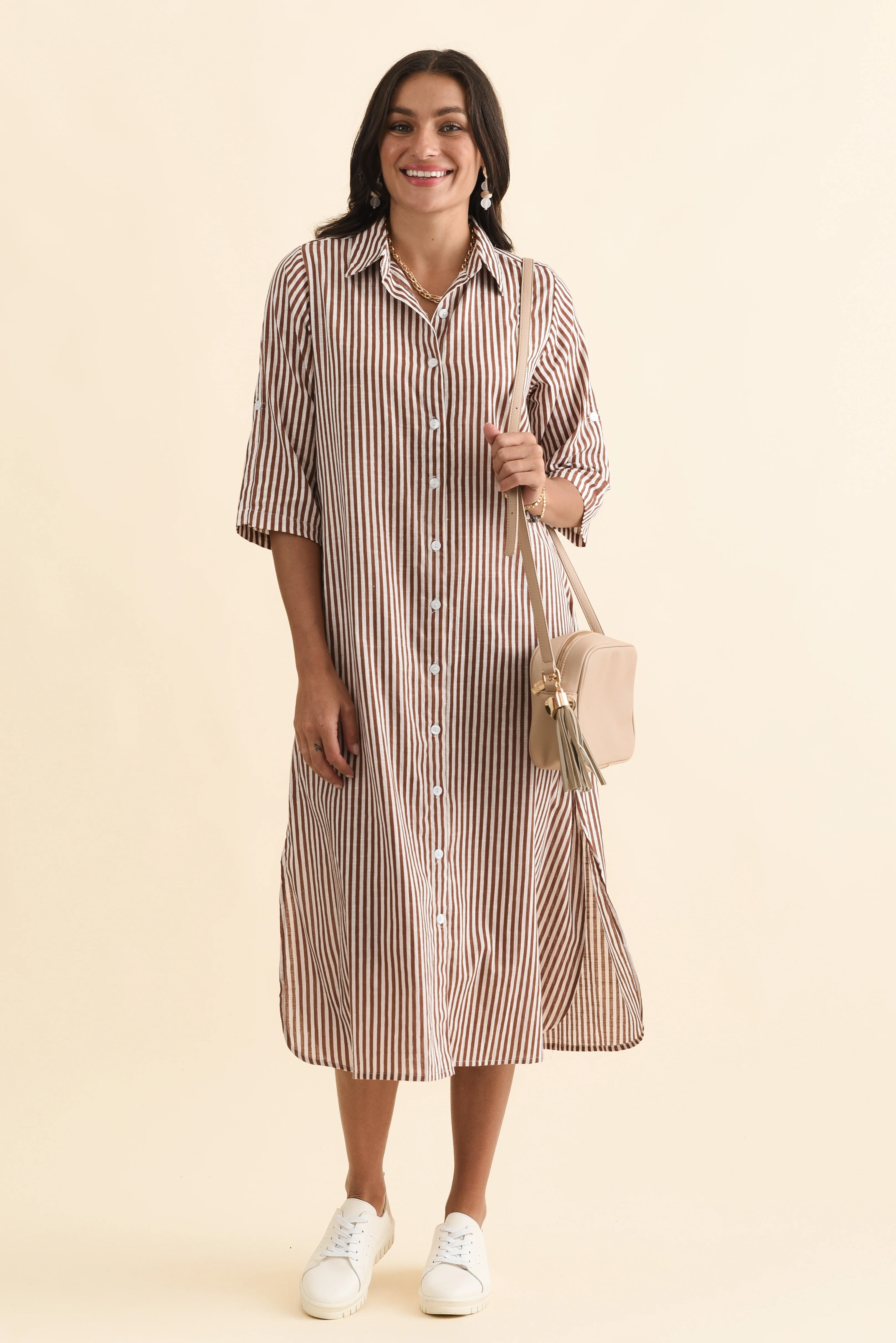 Tricia Mocha Stripe Cotton Shirt Dress - Image 2