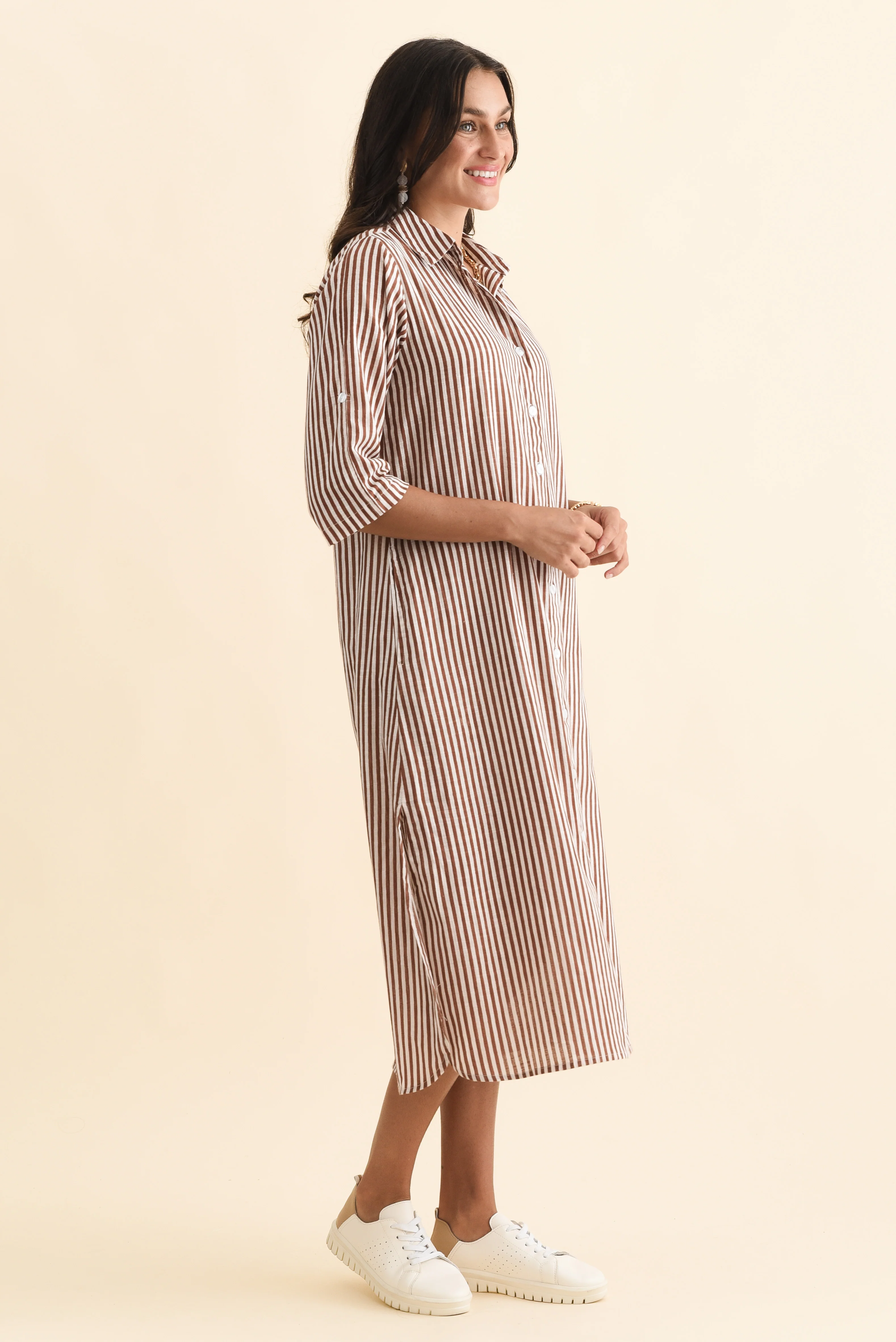 Tricia Mocha Stripe Cotton Shirt Dress - Image 4