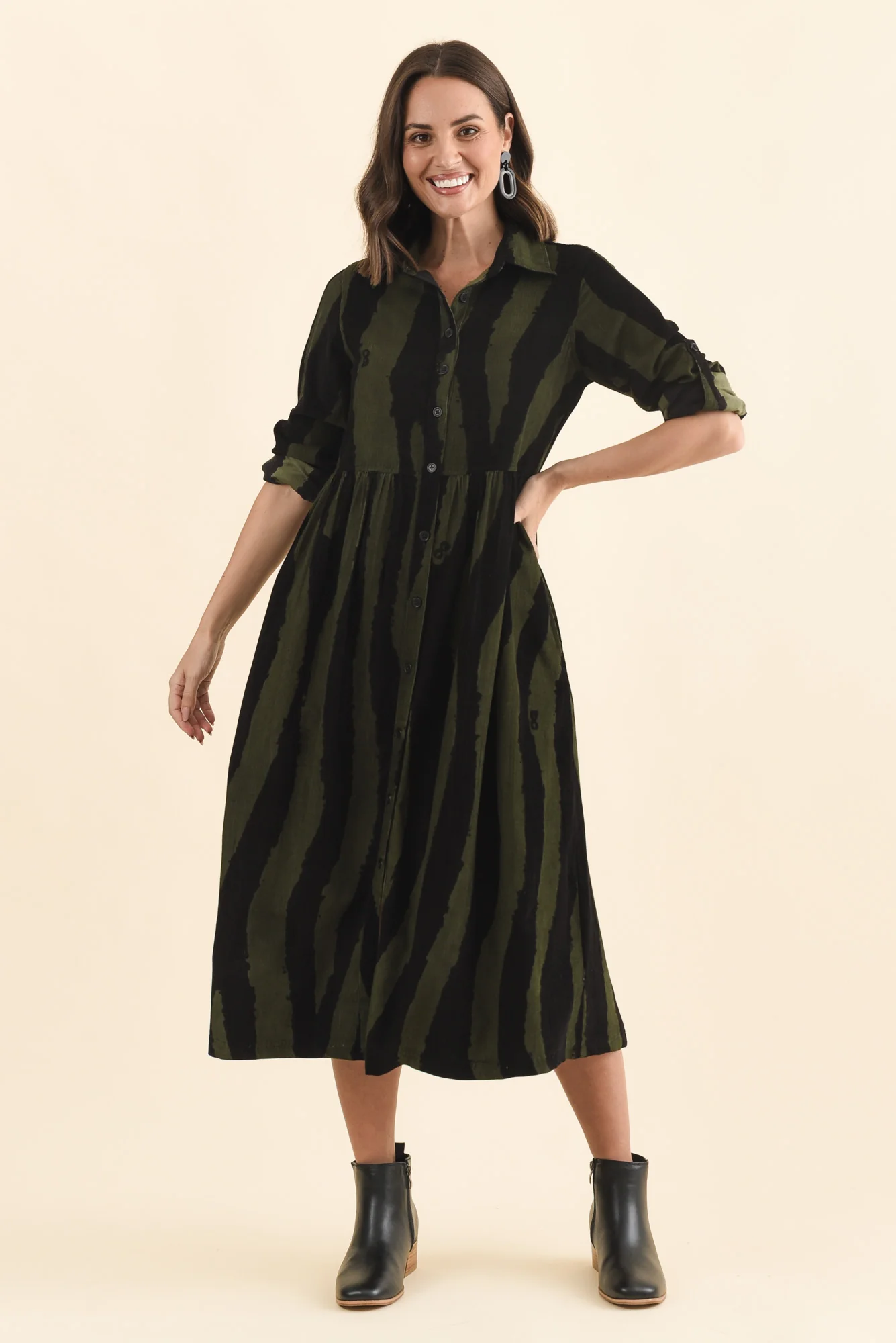 Vani Olive Stripe Cotton Button Dress - Image 2