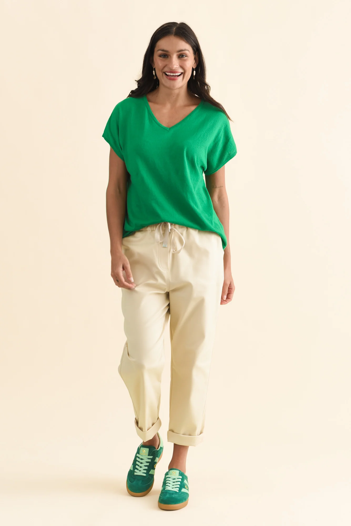 Via Green Cotton V Neck Knit Top - Image 2
