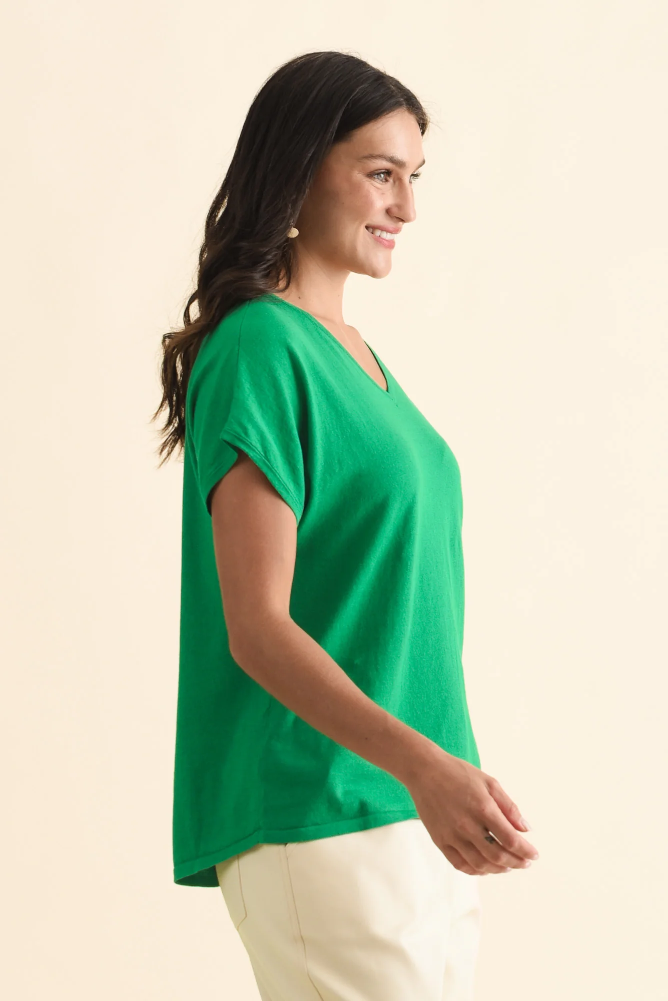 Via Green Cotton V Neck Knit Top - Image 3