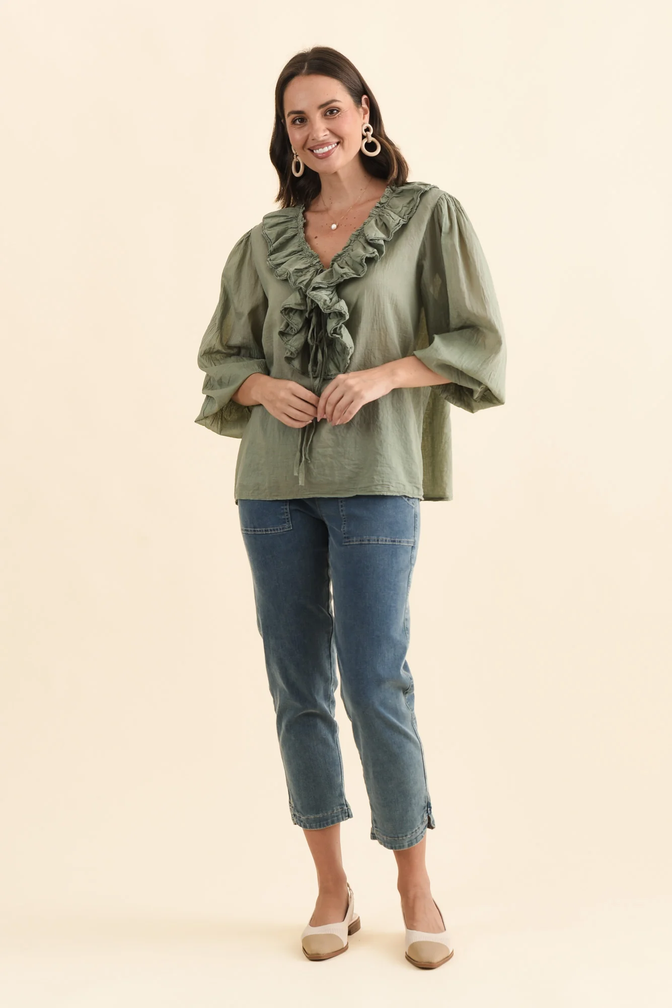 Winifred Khaki Cotton Frill Top - Image 2