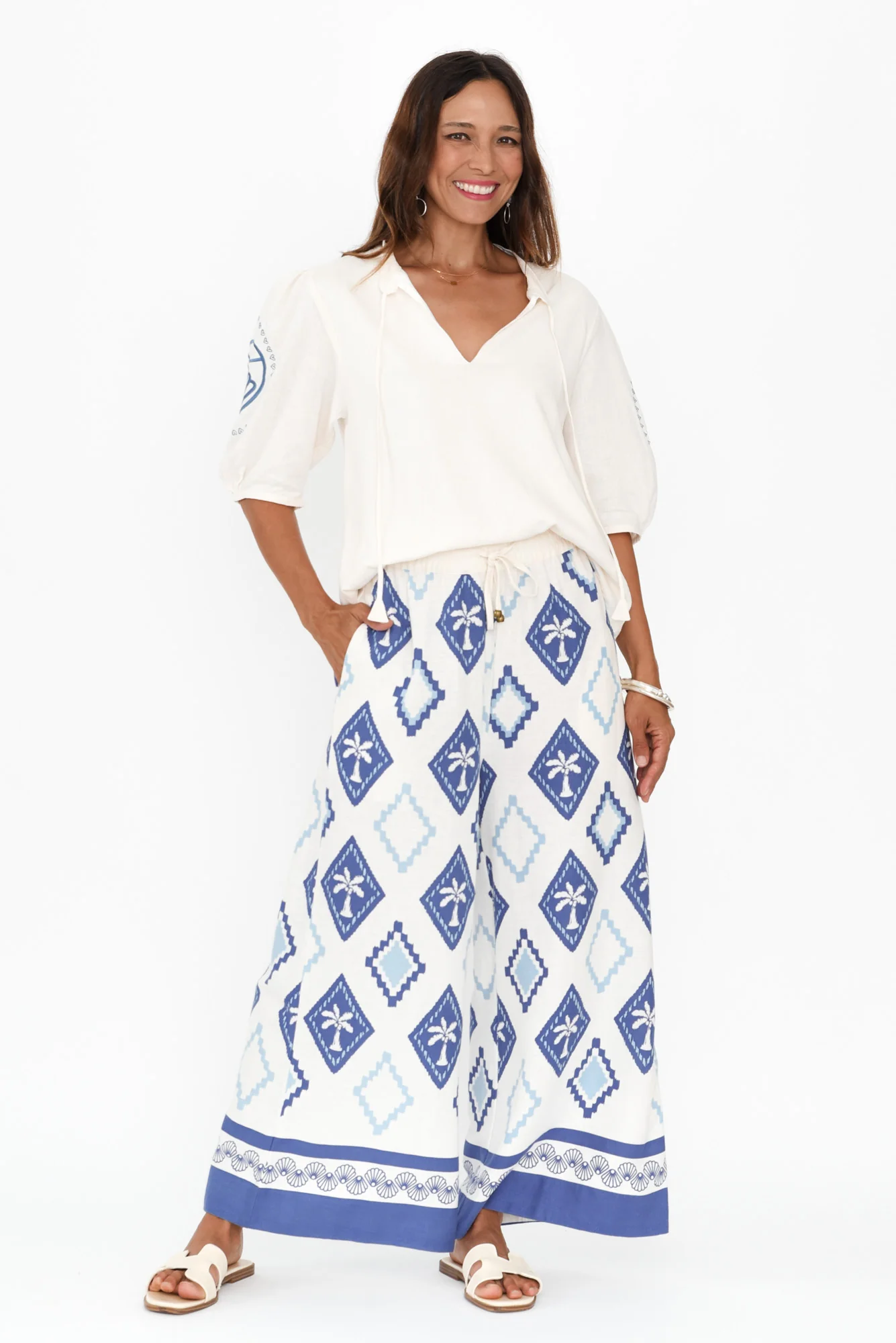 Yara Blue Palm Linen Pants - Image 2