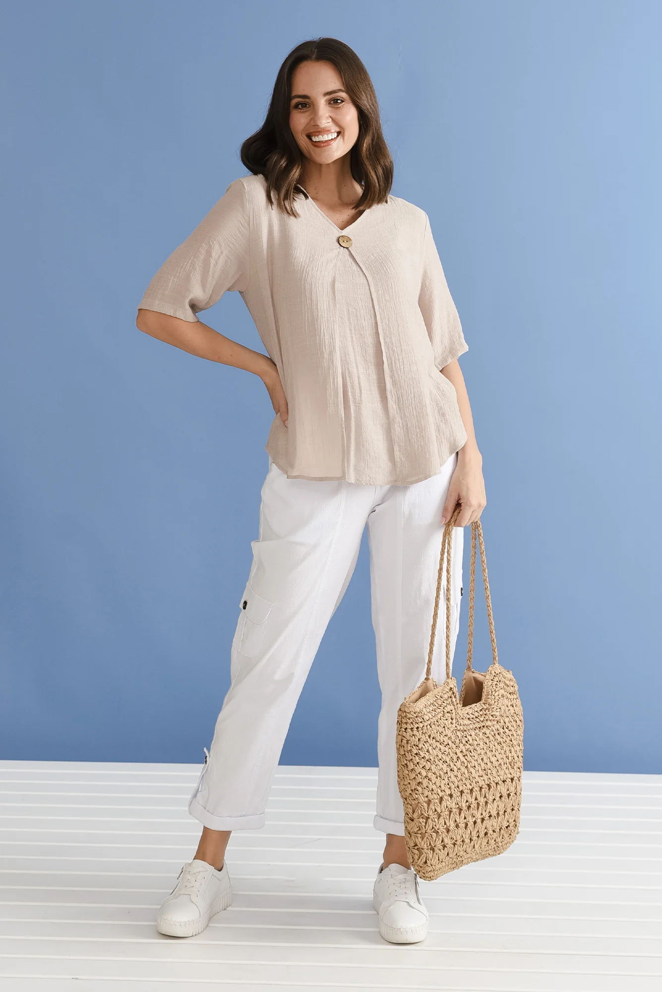 Yasmin Beige Layered Button Top - Image 8