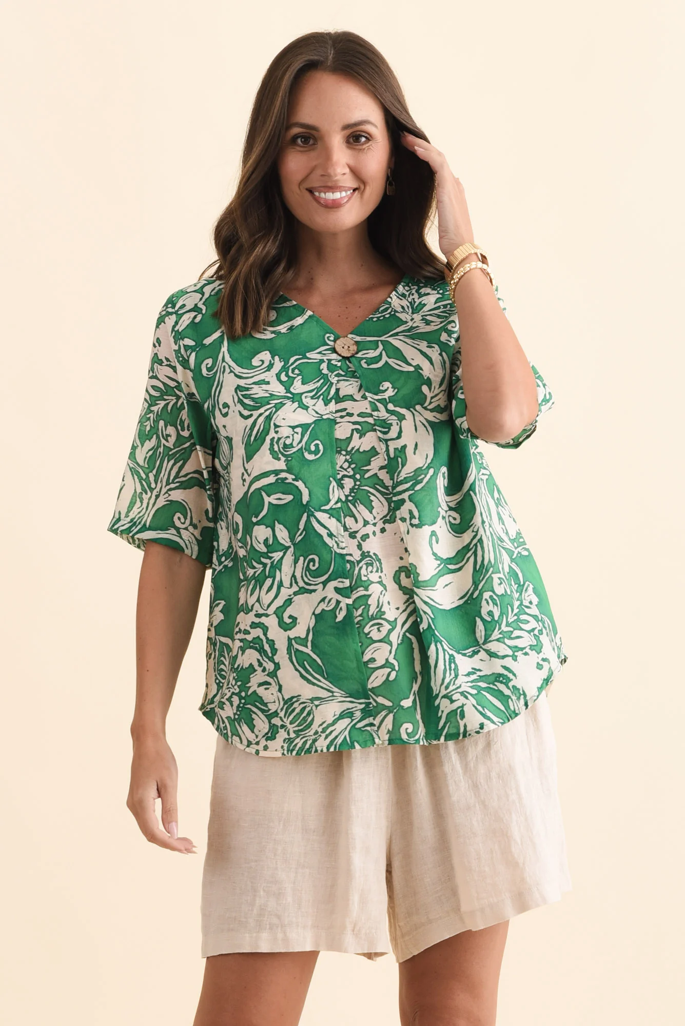 Yasmin Green Abstract Layered Button Top - Image 2