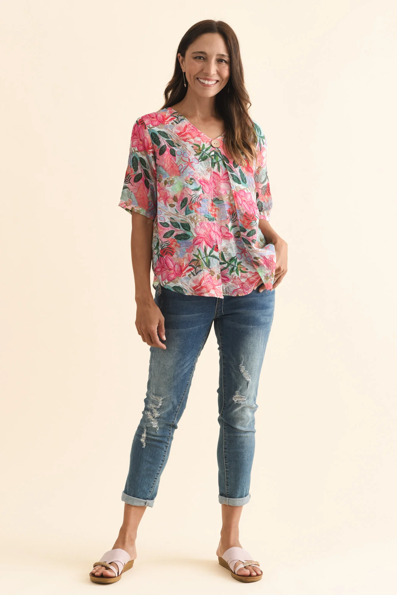 Yasmin Pink Floral Layered Button Top - Image 7