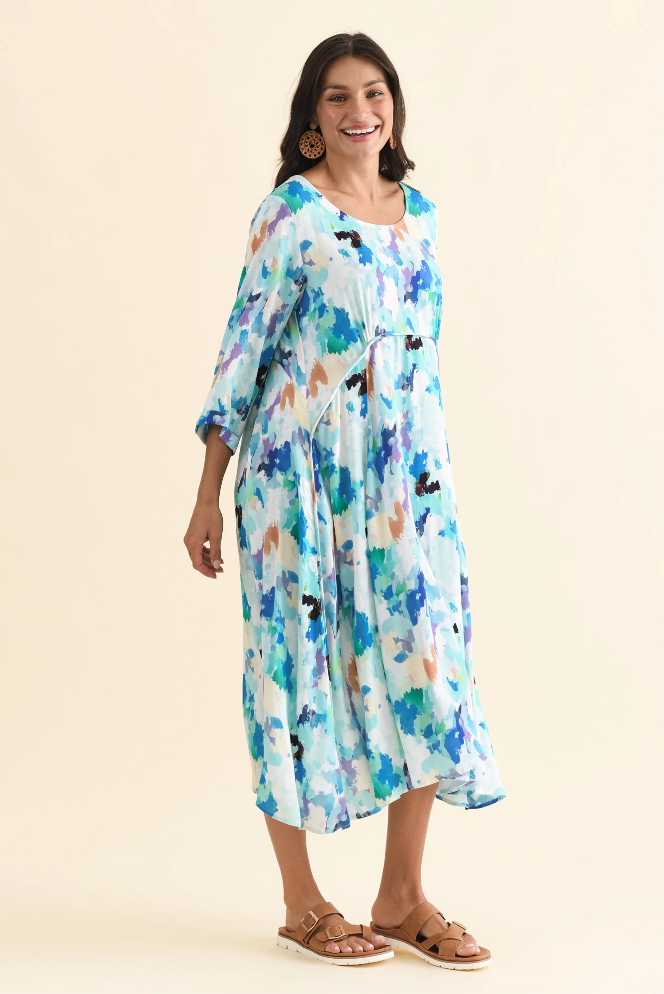 Zaelia Blue Watercolour Sleeved Crescent Dress - Image 5