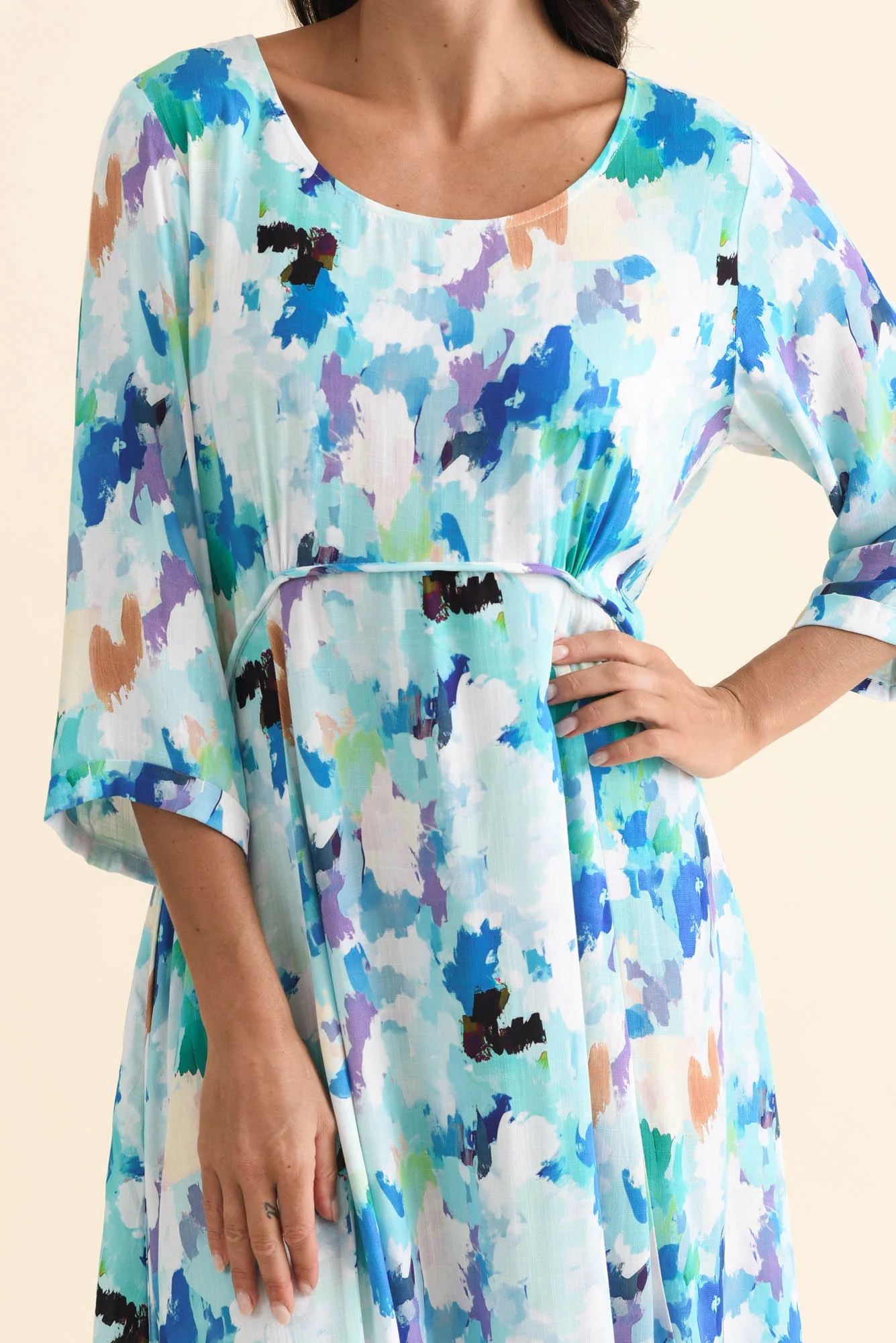 Zaelia Blue Watercolour Sleeved Crescent Dress - Image 6