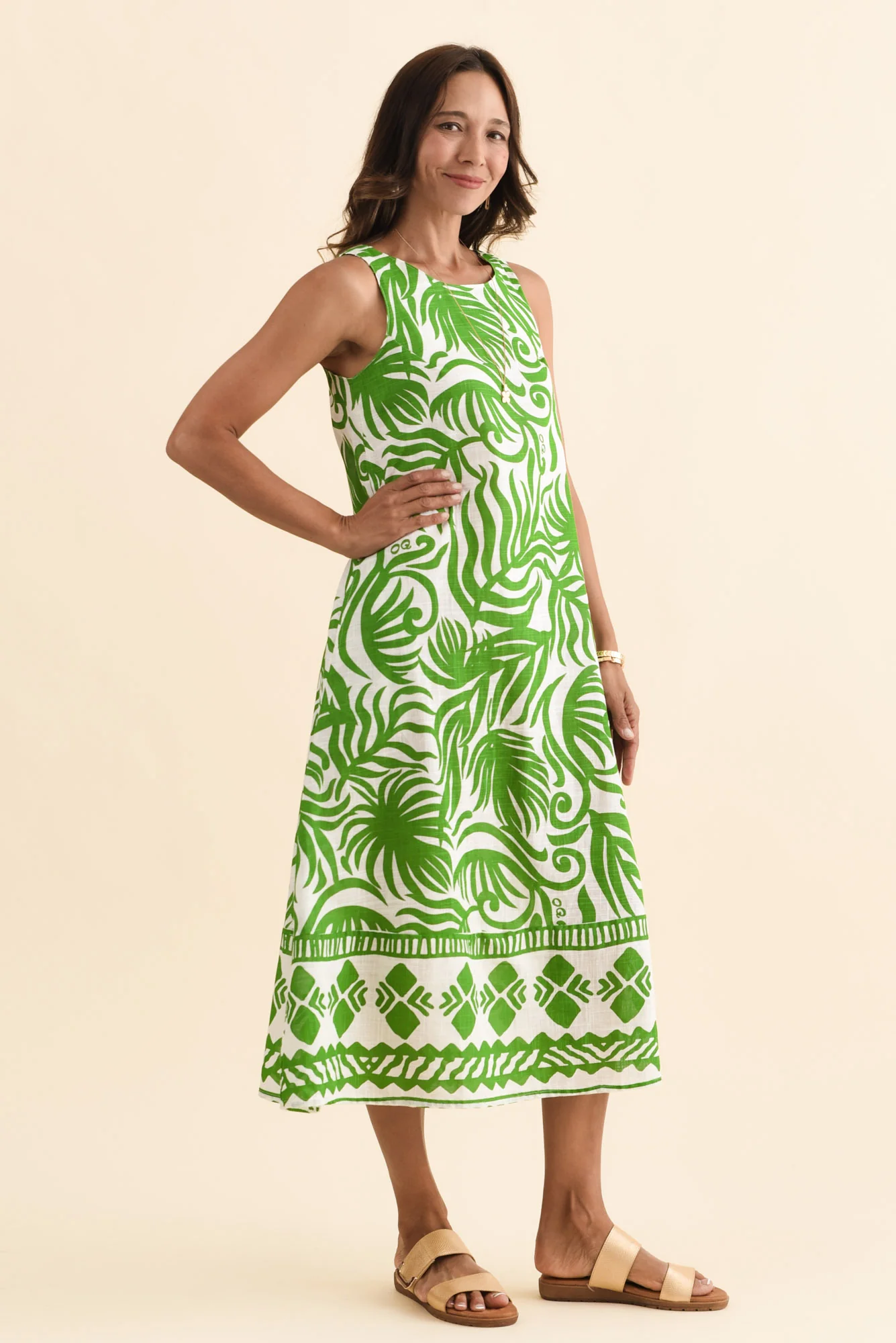 Zeldi Green Leaf Cotton Midi Dress - Image 3