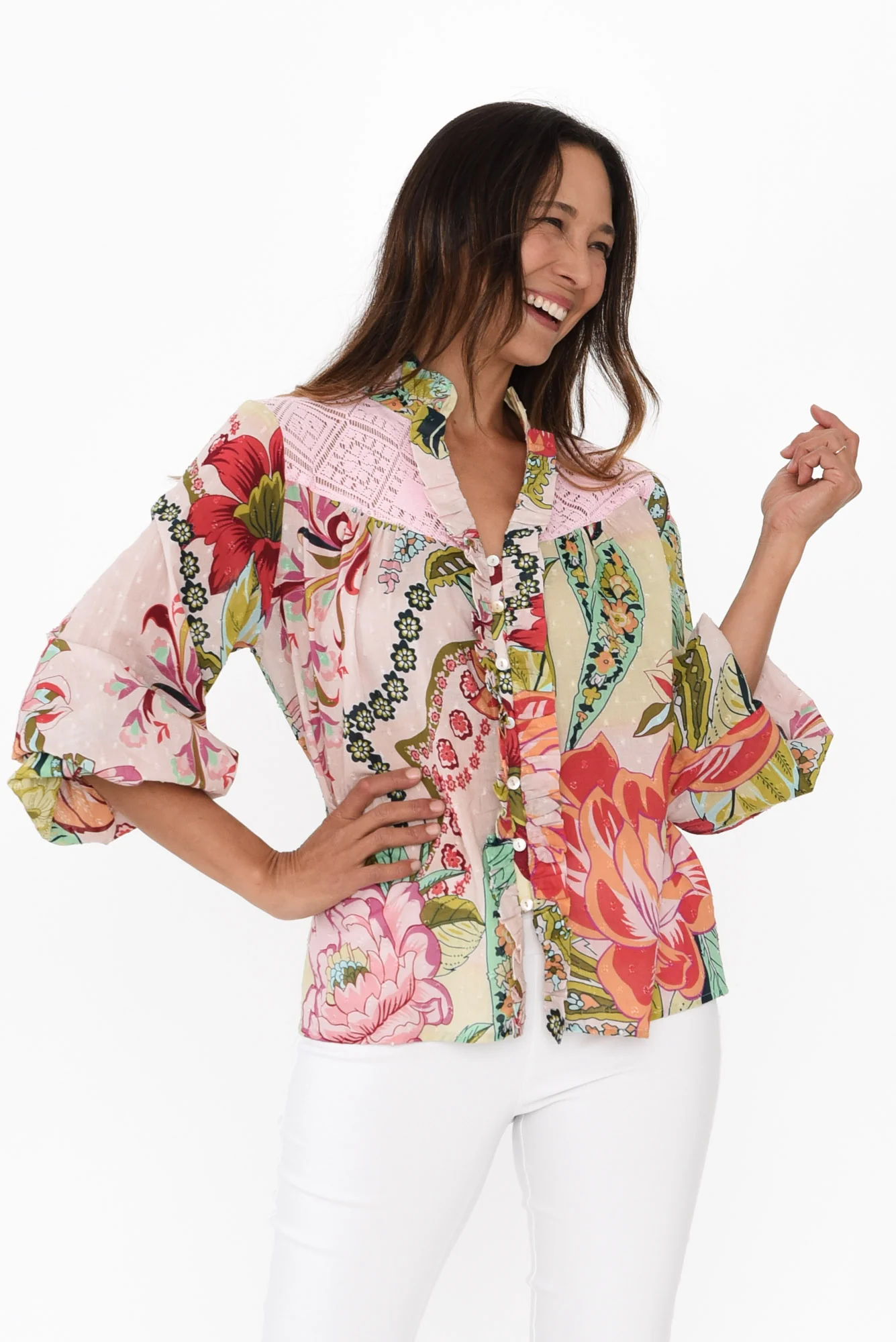 Zelena Pink Floral Cotton Blouse