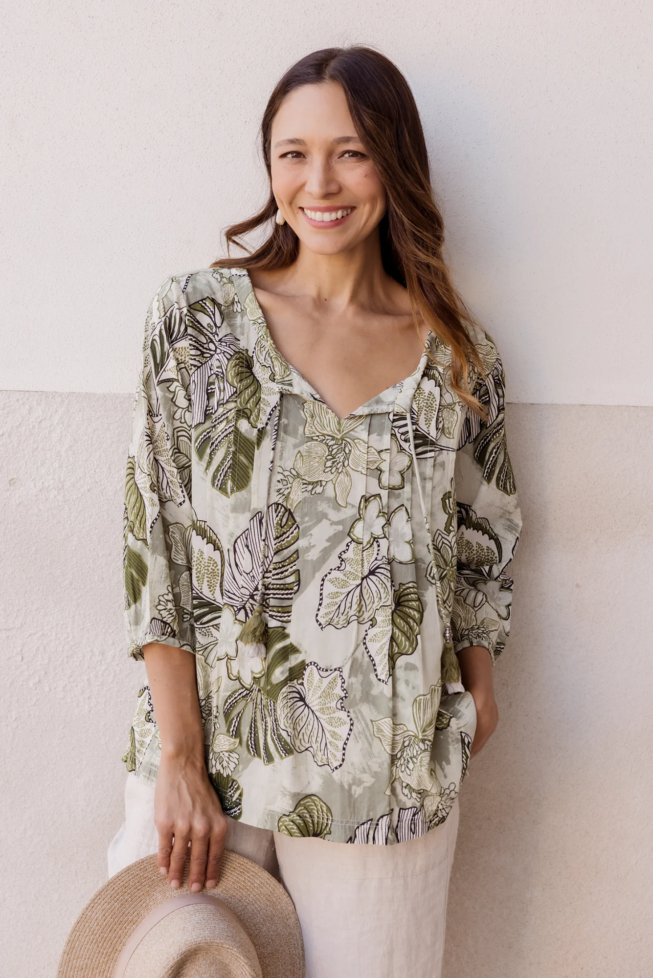 Zita Khaki Tropical Tassel Top