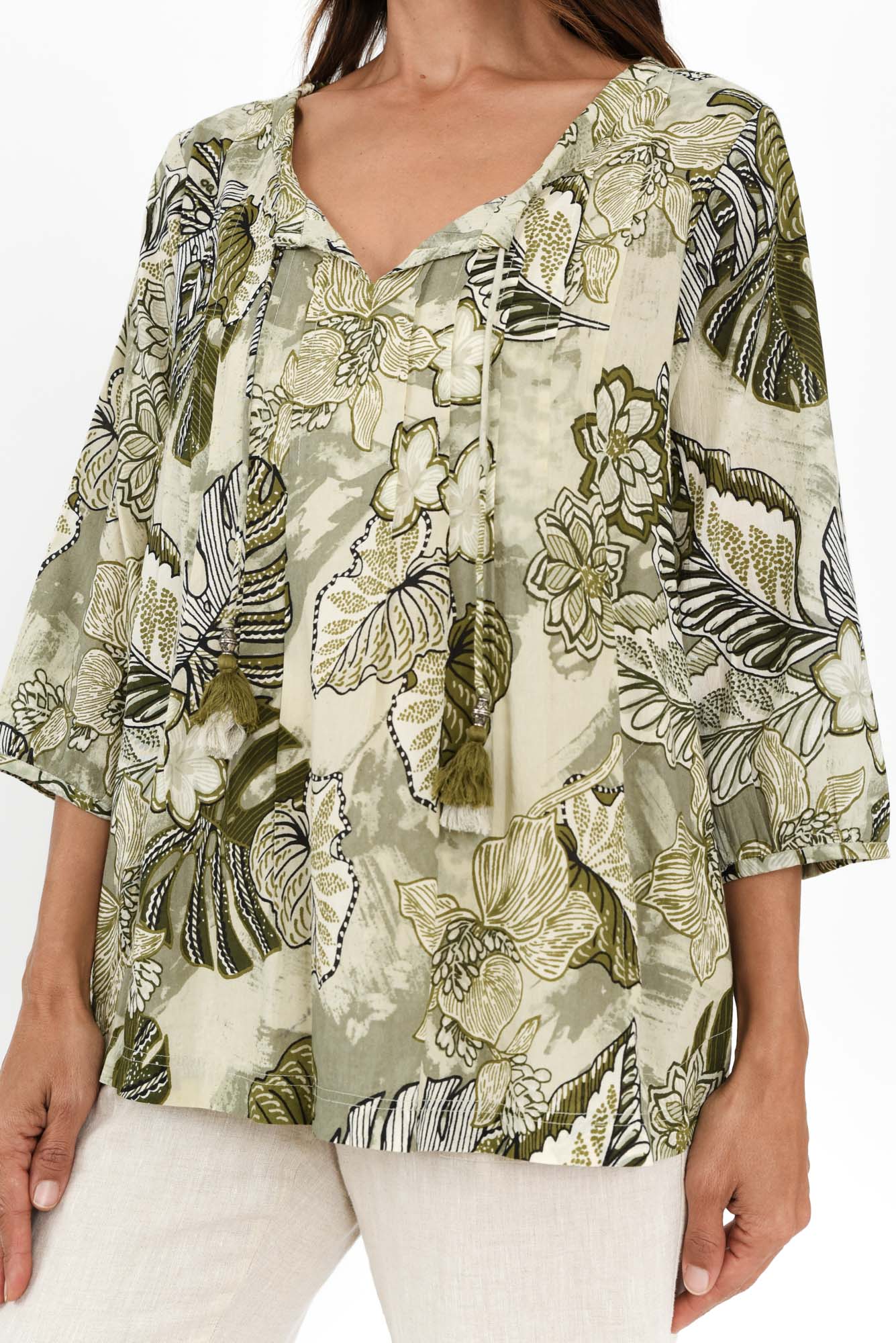 Zita Khaki Tropical Tassel Top - Image 6